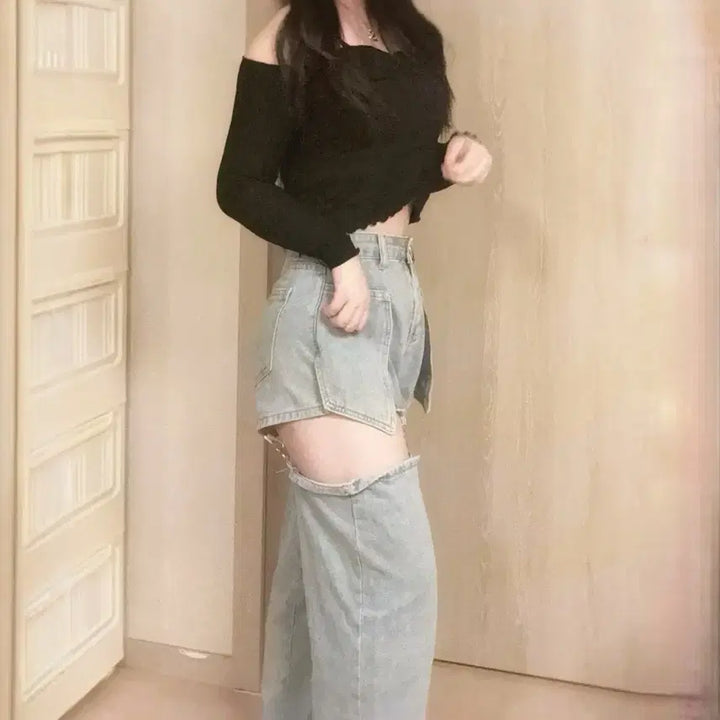 [BUNJANG] Japanese Black Shirred Off-Shoulder Denim Leg Warmer Detachable Pants Set / 개강여신 블랙 셔링 오프숄더 연청 데님 레그 워머 탈부착 팬츠 코디세트