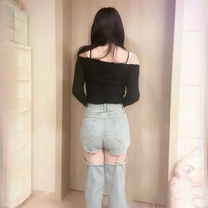 [BUNJANG] Japanese Black Shirred Off-Shoulder Denim Leg Warmer Detachable Pants Set / 개강여신 블랙 셔링 오프숄더 연청 데님 레그 워머 탈부착 팬츠 코디세트