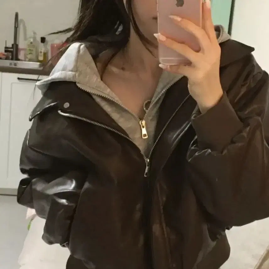 [BUNJANG] Avely Layered Hood Leather Jacket / 에이블리 레이어드 후드 레더 자켓 브라운