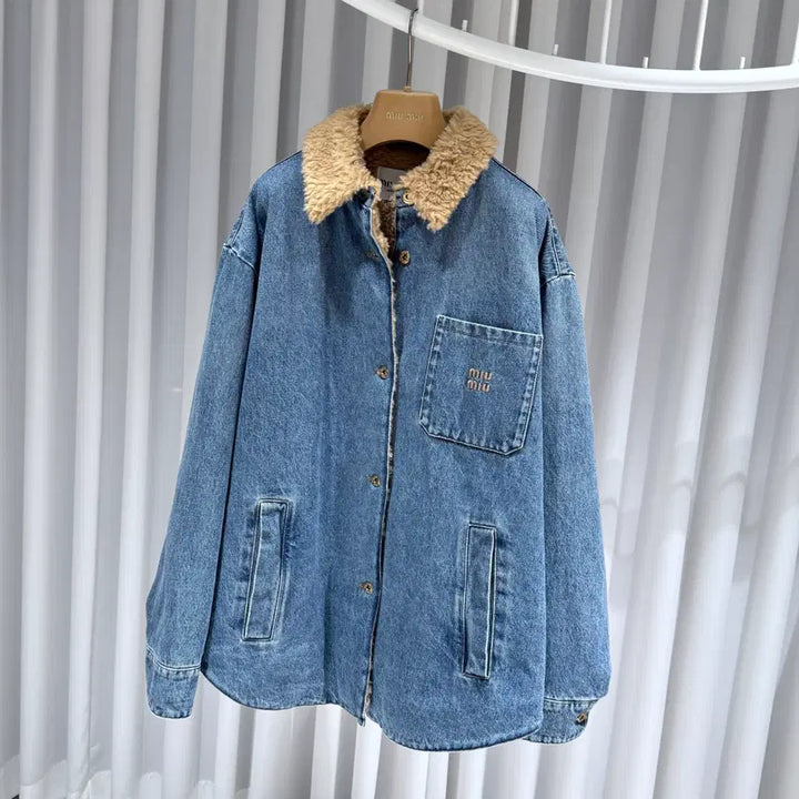 [BUNJANG] Miu Miu Shearling Embroidered Denim Blouson Jacket - Men's / ( S+ / 42 ) 미우미우 시어링 자수 데님 블루종 자켓 / 남성용