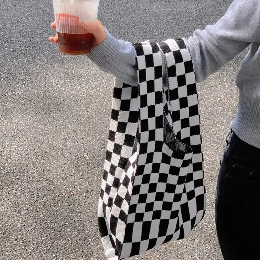 [BUNJANG] Black Checkered Knit Bag / 검정체크 니트가방