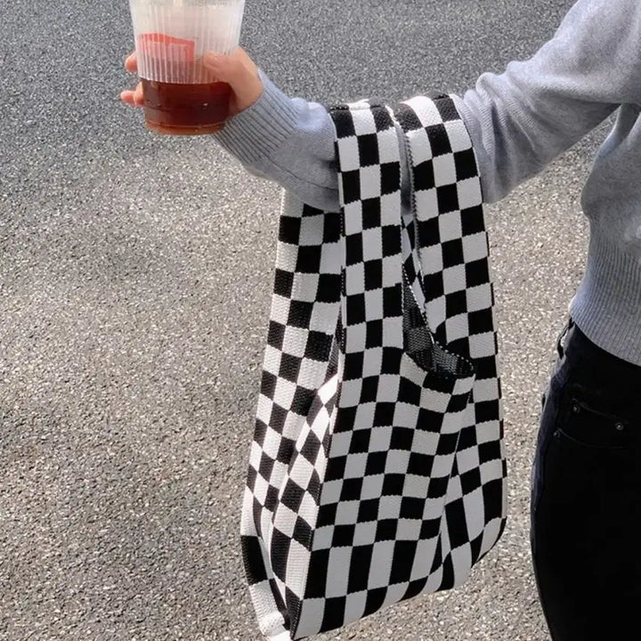 [BUNJANG] Black Checkered Knit Bag / 검정체크 니트가방