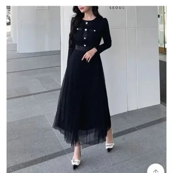 [BUNJANG] Black Tweed Pleats Dress [M] / 블랙 트위드 플리츠 원피스 [M]