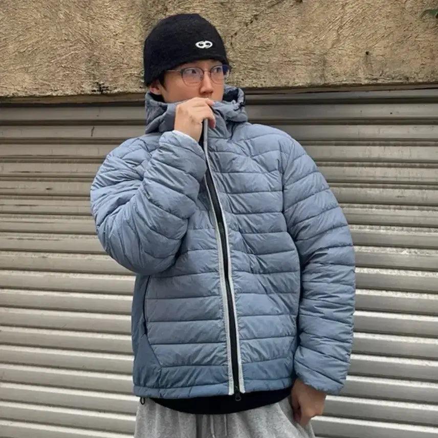 [BUNJANG] PINO Light Color Block Hooded Padded Jacket / 피인오 라이트 배색 후드 패딩 블루 새상품