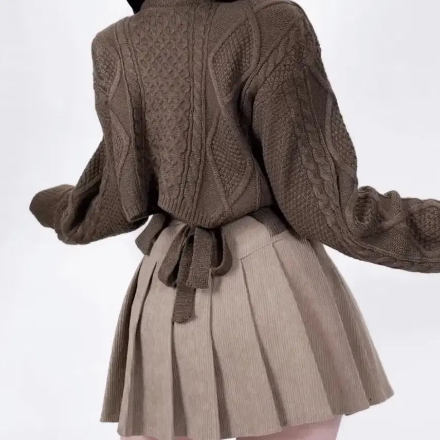 [BUNJANG] Brown V-Neck Cable Knit Sweater / 브라운 뒷리본 꽈배기 브라운 브이넥 니트