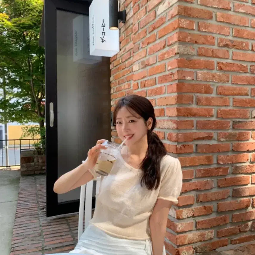 [BUNJANG] Moro Market Heart Neck Knit Peach Top / 모로마켓 하트넥니트 피치 새상품