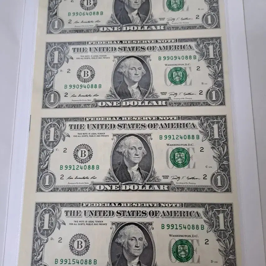 [BUNJANG] Uncut US $1 Bill Sheet 2009 / 미국 1달러 지폐4장 언컷시트 2009