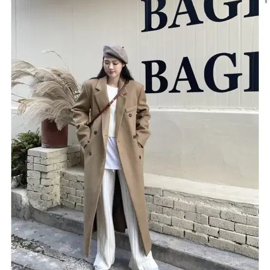 [BUNJANG] Camel Double Long Wool Coat / 겨울 카멜 더블 롱코트 울코트 울롱코트