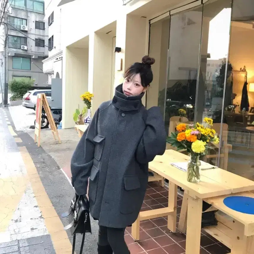 [BUNJANG] Tinder Wool Balmacaan Short Coat - Charcoal / 틴더 울 발마칸 숏코트 차콜