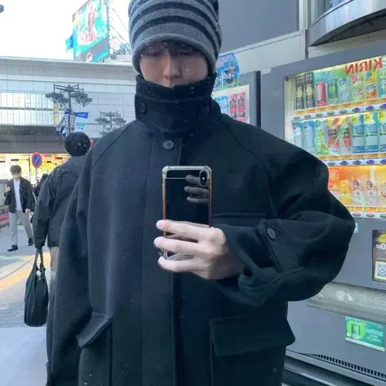 [BUNJANG] Tinder Wool Balmacaan Short Coat - Charcoal / 틴더 울 발마칸 숏코트 차콜