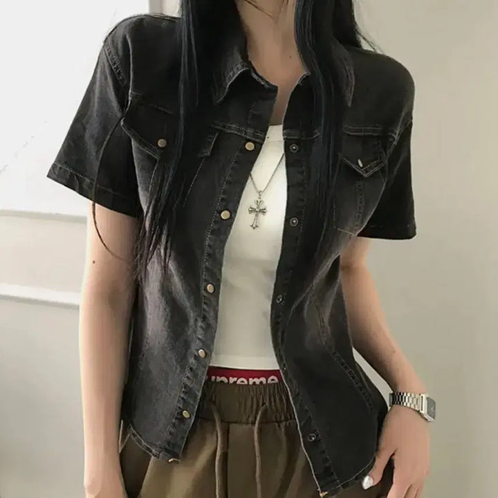 [BUNJANG] Vintage Washed Black Denim Short Sleeve Shirt / 새상품) 빈티지 워싱 흑청 반팔셔츠