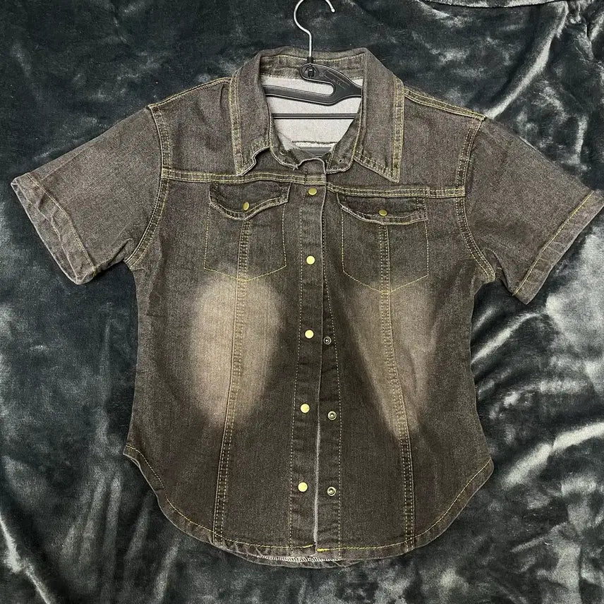 [BUNJANG] Vintage Washed Black Denim Short Sleeve Shirt / 새상품) 빈티지 워싱 흑청 반팔셔츠