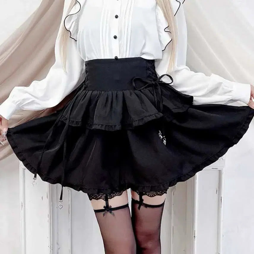 [BUNJANG] Side Spindle Ribbon Skirt Black / 마즈 사이드 스핀들 리본 스커트 스카판 블랙 양산형 지뢰계