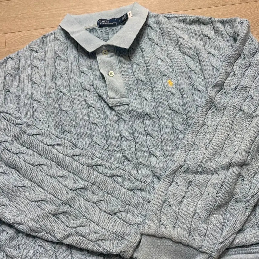 [BUNJANG] Polo Ralph Lauren Cable Knit Sweater / 폴로 랄프로렌 케이블 니트 하늘색 정품 큐알 인증 가능