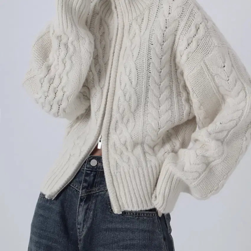 [BUNJANG] Twisted High-neck Knit Zip-up [Ivory] / Twisted High-neck Knit Zip-up [ Ivory ]