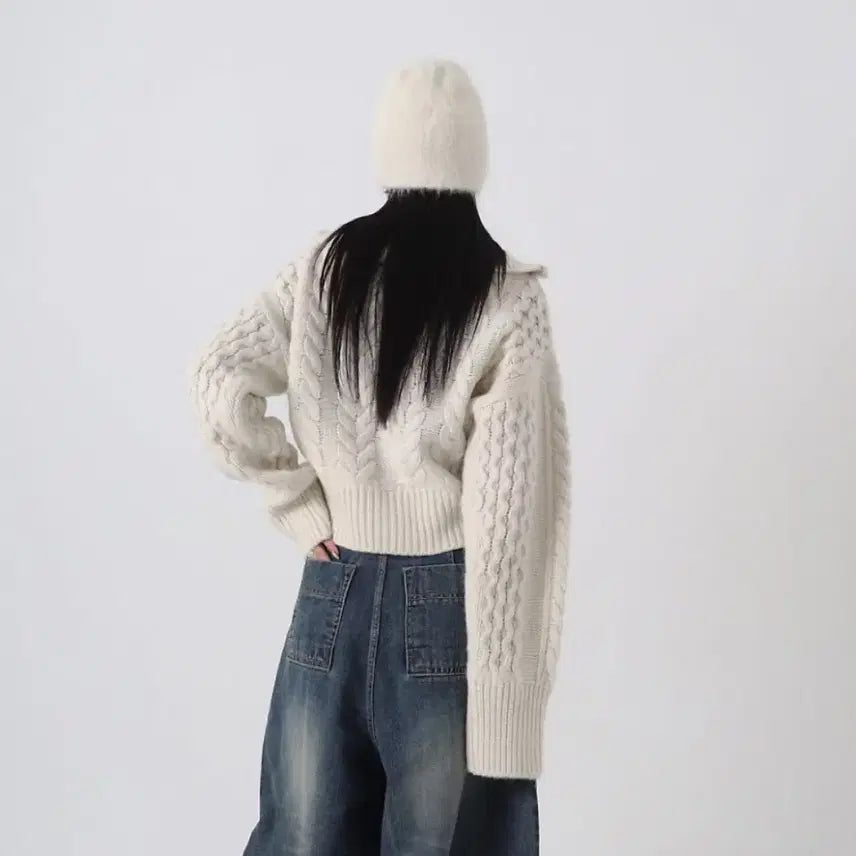 [BUNJANG] Twisted High-neck Knit Zip-up [Ivory] / Twisted High-neck Knit Zip-up [ Ivory ]