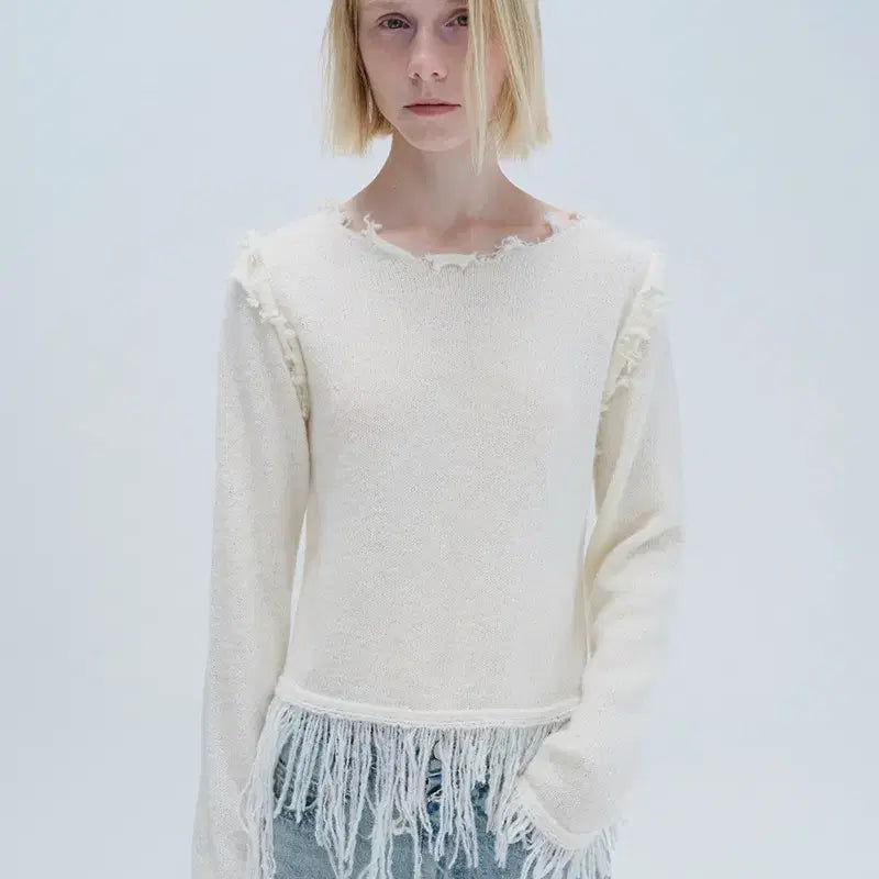 [BUNJANG] Diagonal Fringe Knit / (새상품) 다이애그널 FRINGE DAMAGE KNIT (아이보리)