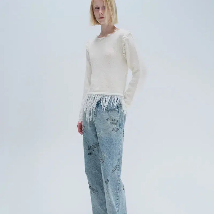 [BUNJANG] Diagonal Fringe Knit / (새상품) 다이애그널 FRINGE DAMAGE KNIT (아이보리)