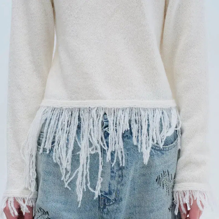 [BUNJANG] Diagonal Fringe Knit / (새상품) 다이애그널 FRINGE DAMAGE KNIT (아이보리)