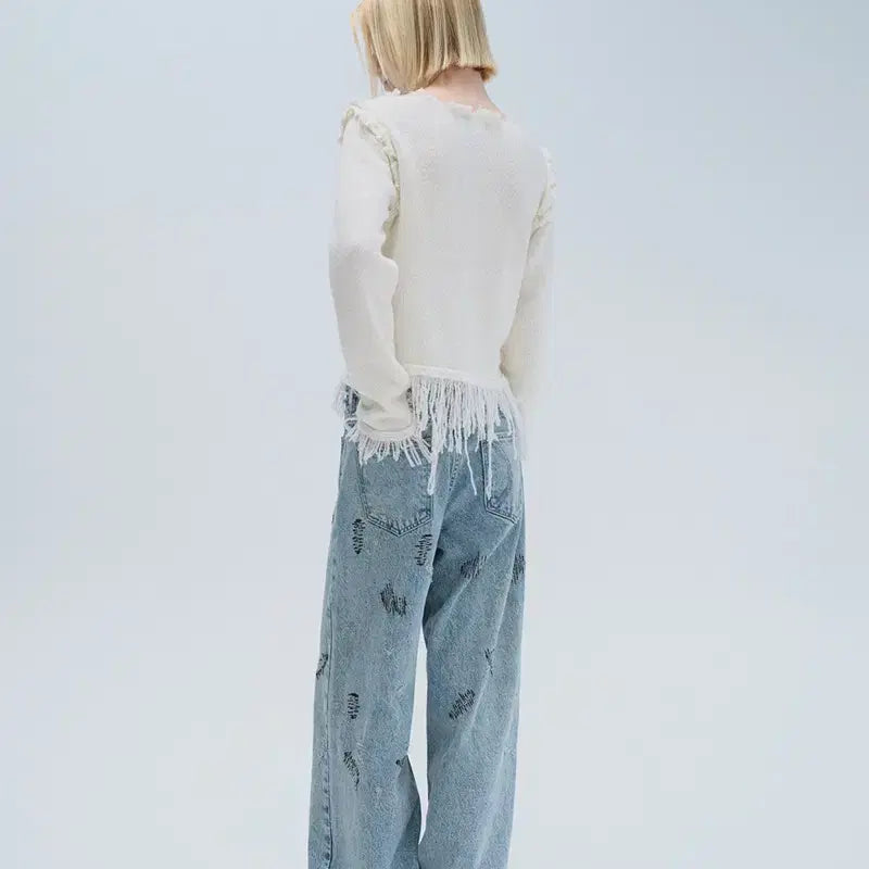 [BUNJANG] Diagonal Fringe Knit / (새상품) 다이애그널 FRINGE DAMAGE KNIT (아이보리)