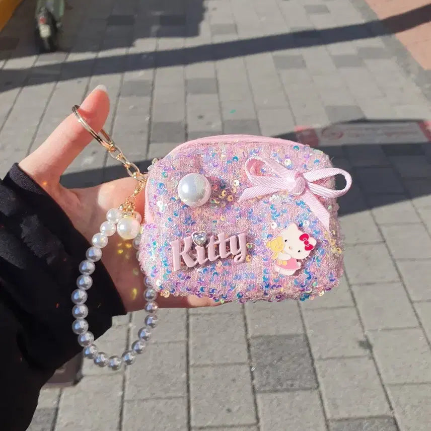 [BUNJANG] Hello Kitty Tweed Sequin Mini Pouch Keyring / 헬로키티 트위드 스팽글 미니 파우치 키링 핑크