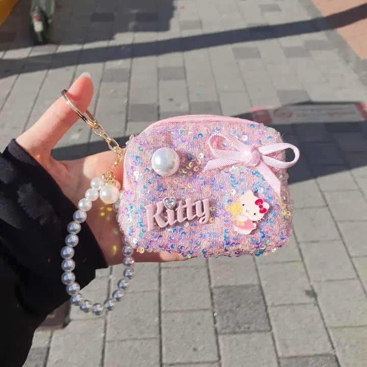 [BUNJANG] Hello Kitty Tweed Sequin Mini Pouch Keyring / 헬로키티 트위드 스팽글 미니 파우치 키링 핑크