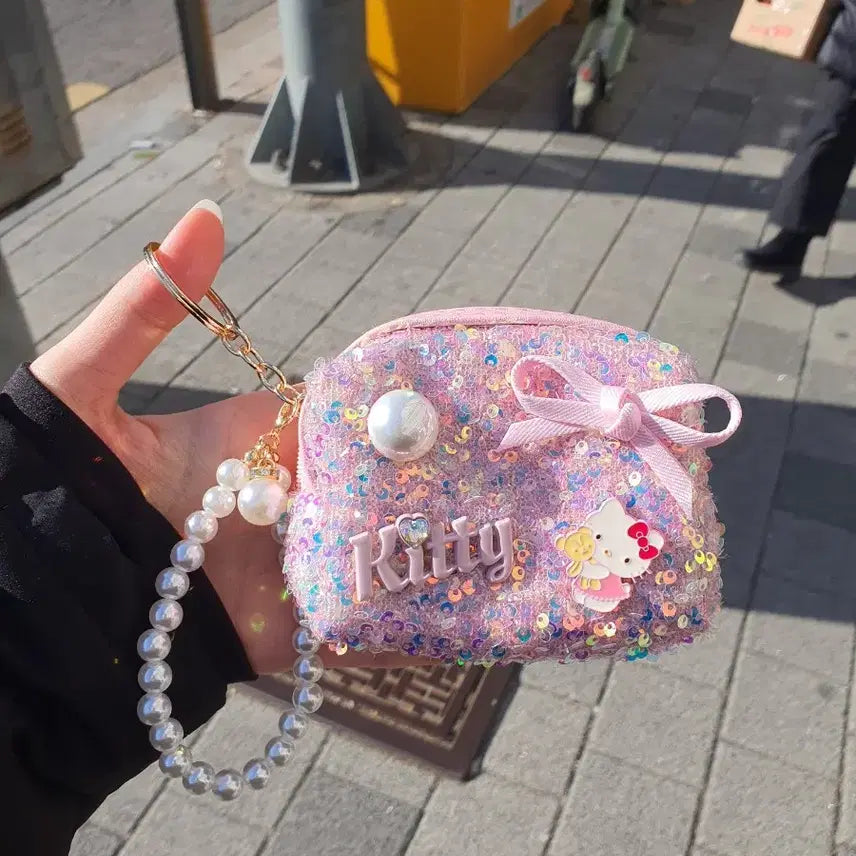 [BUNJANG] Hello Kitty Tweed Sequin Mini Pouch Keyring / 헬로키티 트위드 스팽글 미니 파우치 키링 핑크