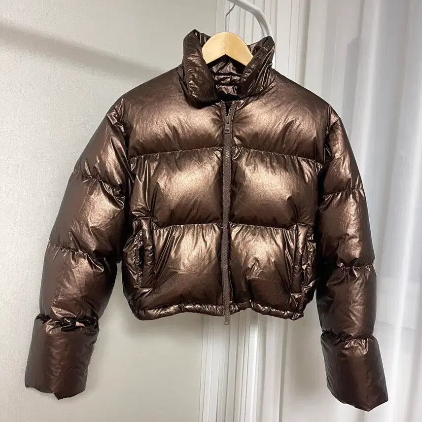 [BUNJANG] PLAC Brown Glossy Short Down Jacket / 플랙 브라운 광택 숏 다운 패딩 점퍼 m