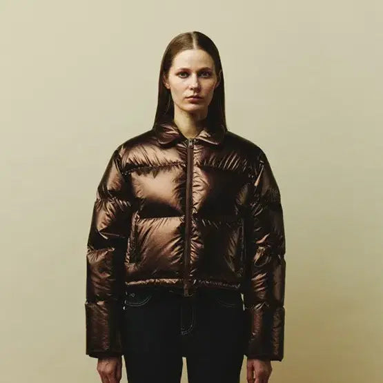[BUNJANG] PLAC Brown Glossy Short Down Jacket / 플랙 브라운 광택 숏 다운 패딩 점퍼 m