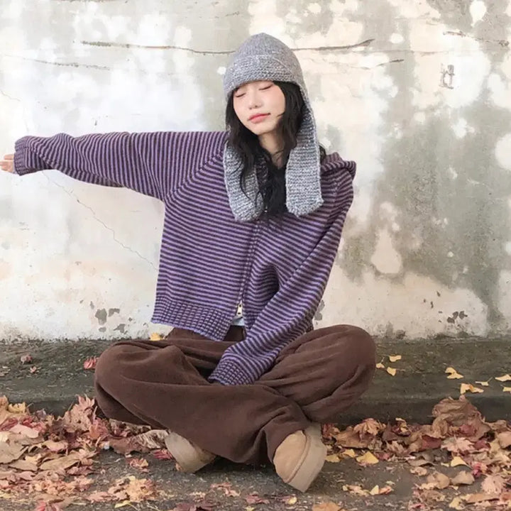 [BUNJANG] Vinble Stripe Knit Zip-up / 빈블 스트라이프 니트 집업