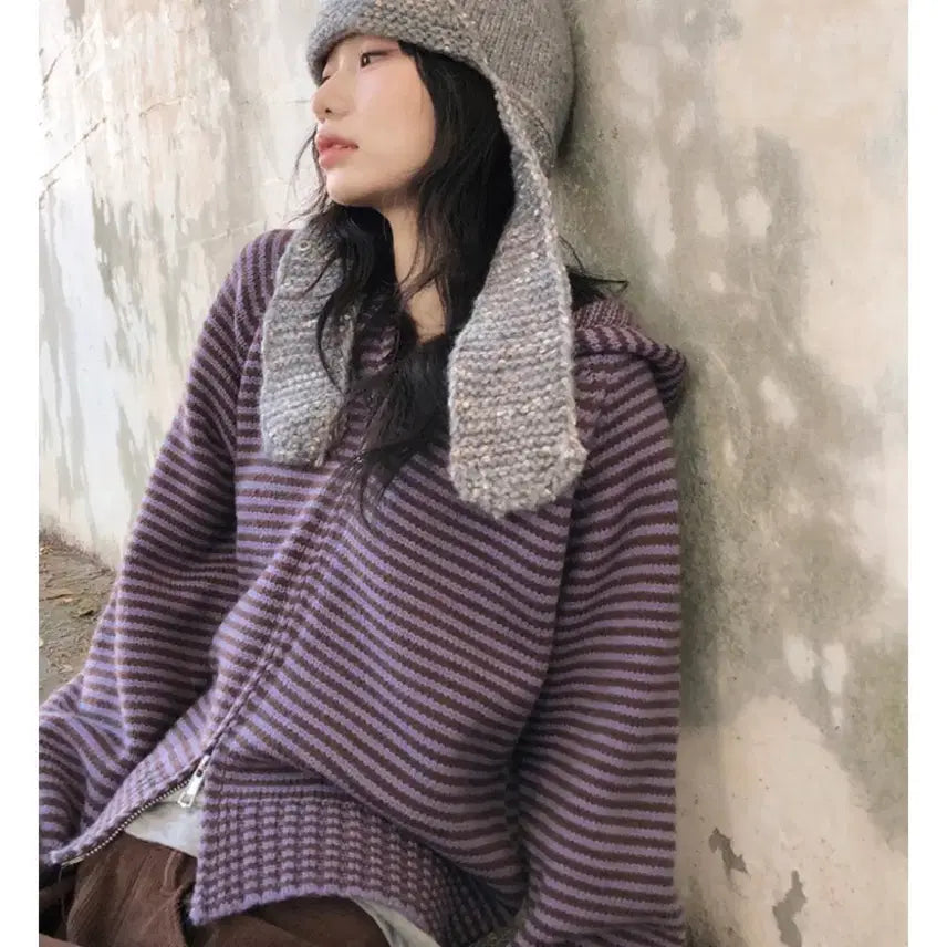 [BUNJANG] Vinble Stripe Knit Zip-up / 빈블 스트라이프 니트 집업