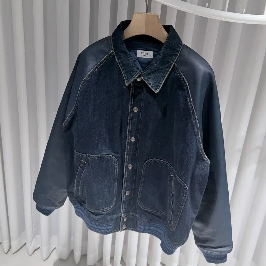 [BUNJANG] Celine Paris Denim Varsity Jacket / ( S+ / XL ) 셀린느 가죽 레더 파리스 데님 바시티 자켓