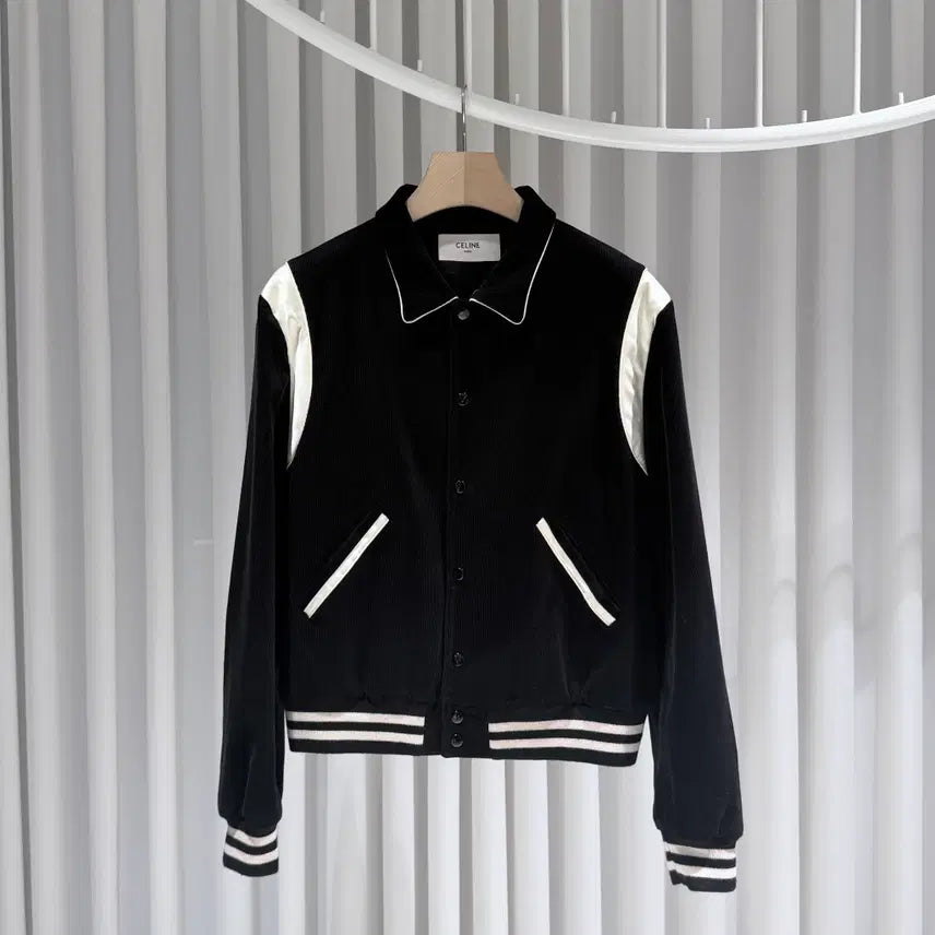 [BUNJANG] Celine Corduroy Black Teddy Varsity Jacket / ( S+ / 54 ) 셀린느 코듀로이 블랙 테디 바시티
