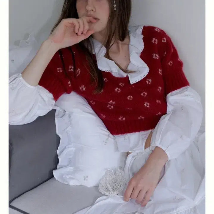 [BUNJANG] Short Sleeve Knit Top (Red) / 순수 숏 반팔 니트 레드 (거의 새상품)