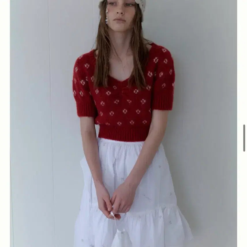 [BUNJANG] Short Sleeve Knit Top (Red) / 순수 숏 반팔 니트 레드 (거의 새상품)