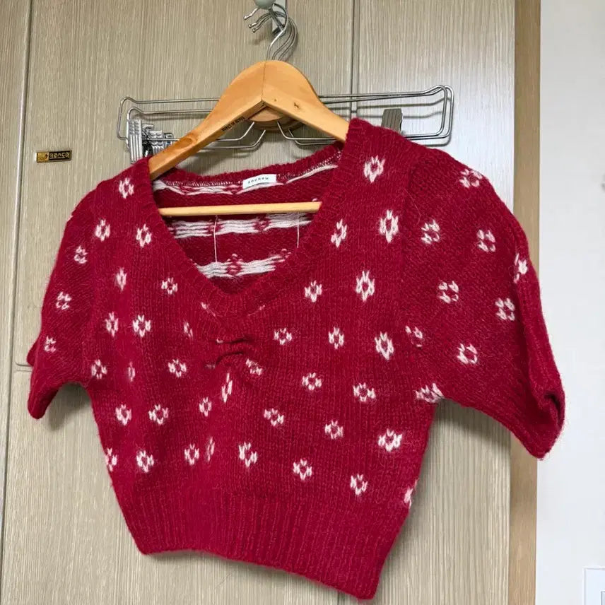 [BUNJANG] Short Sleeve Knit Top (Red) / 순수 숏 반팔 니트 레드 (거의 새상품)