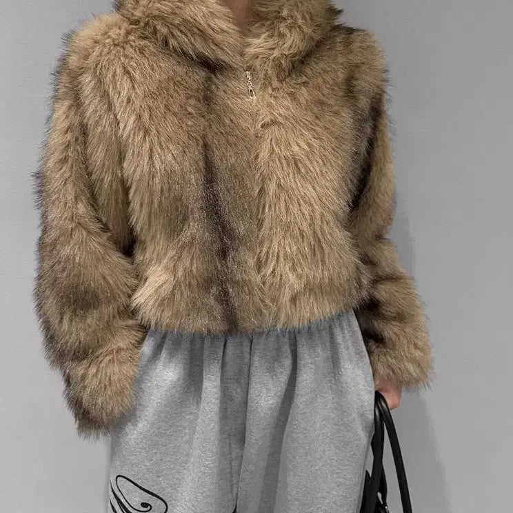 [BUNJANG] VIVNLUV Hooded Faux Fur Short Jacket / 새상품 ] VIVNLUV 후드 퍼 숏 자켓