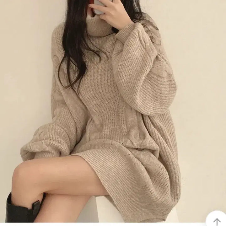 [BUNJANG] Generic Mini Dress / 터틀넥 꽈배기 니트벌룬 미니원피스