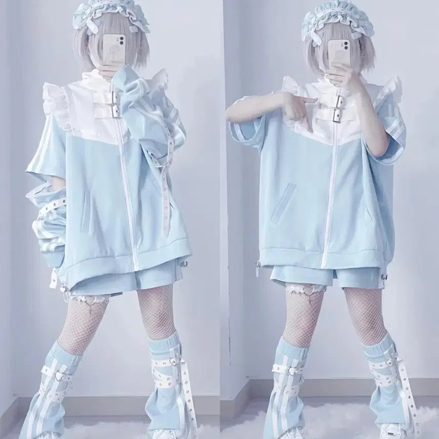[BUNJANG] Aqua Blue Set Top, Shorts, Leg Warmers / 지뢰계 아쿠아 블루 세트 상의+하의+레그워머 (소매탈부착)