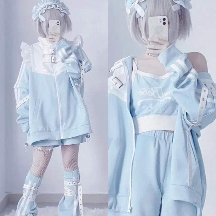 [BUNJANG] Aqua Blue Set Top, Shorts, Leg Warmers / 지뢰계 아쿠아 블루 세트 상의+하의+레그워머 (소매탈부착)