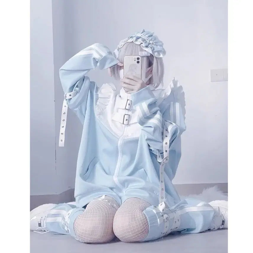 [BUNJANG] Aqua Blue Set Top, Shorts, Leg Warmers / 지뢰계 아쿠아 블루 세트 상의+하의+레그워머 (소매탈부착)