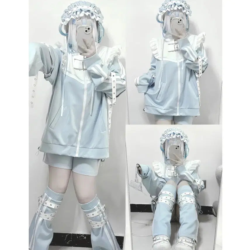 [BUNJANG] Aqua Blue Set Top, Shorts, Leg Warmers / 지뢰계 아쿠아 블루 세트 상의+하의+레그워머 (소매탈부착)
