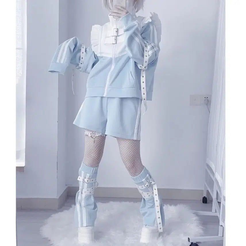 [BUNJANG] Aqua Blue Set Top, Shorts, Leg Warmers / 지뢰계 아쿠아 블루 세트 상의+하의+레그워머 (소매탈부착)