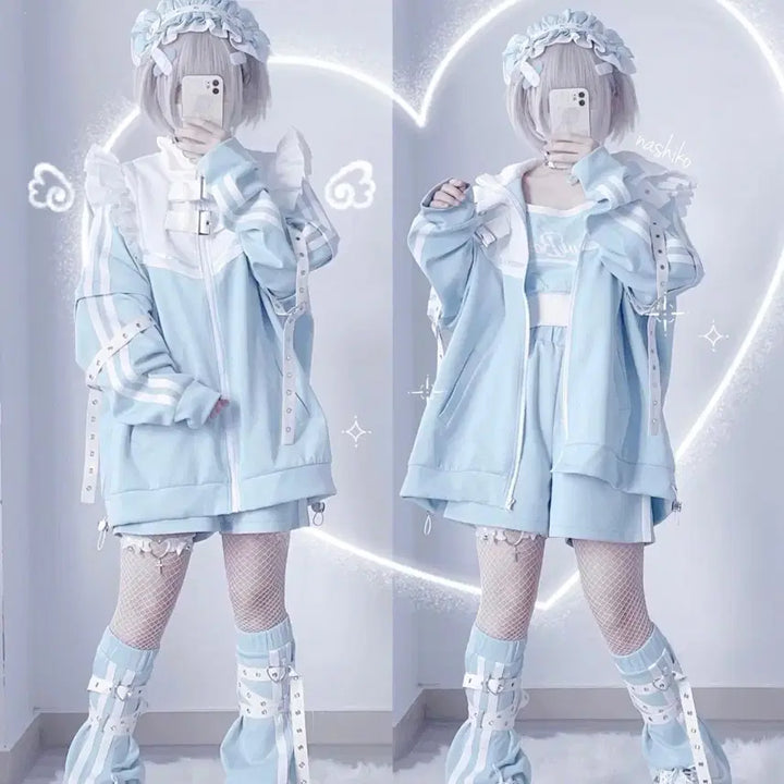 [BUNJANG] Aqua Blue Set Top, Shorts, Leg Warmers / 지뢰계 아쿠아 블루 세트 상의+하의+레그워머 (소매탈부착)