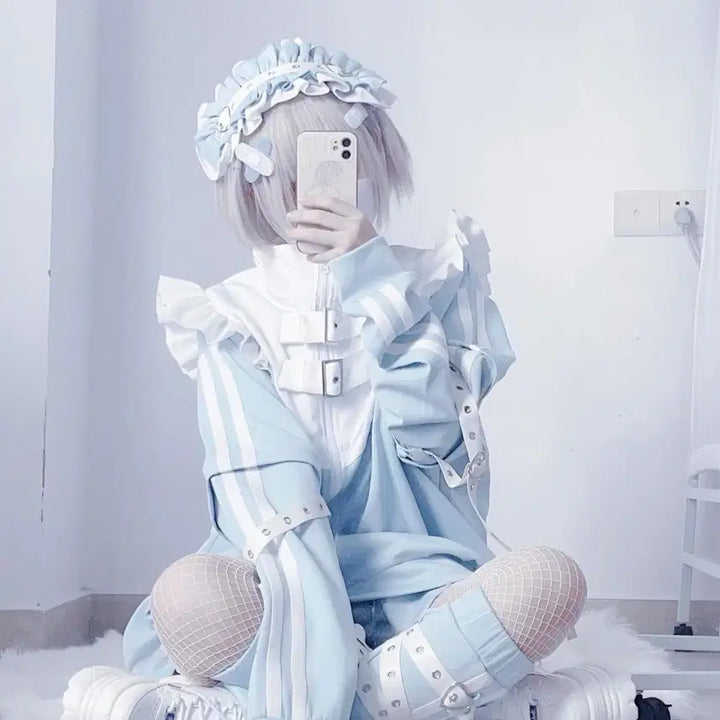 [BUNJANG] Aqua Blue Set Top, Shorts, Leg Warmers / 지뢰계 아쿠아 블루 세트 상의+하의+레그워머 (소매탈부착)