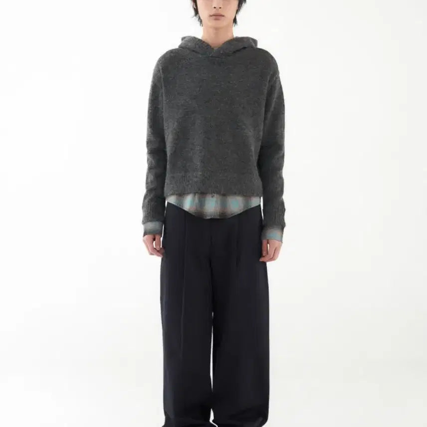 [BUNJANG] Lundy Layered Hood Knit Grey (Charcoal) M / 런디 lundy 레이어드 후드 니트 그레이 (차콜) M