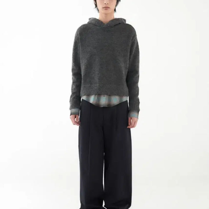 [BUNJANG] Lundy Layered Hood Knit Grey (Charcoal) M / 런디 lundy 레이어드 후드 니트 그레이 (차콜) M