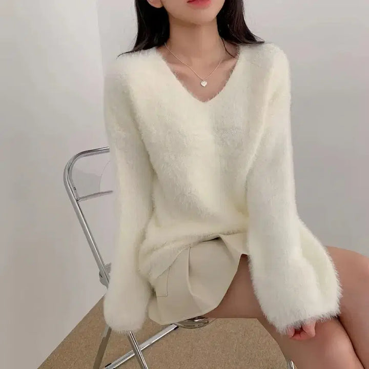 [BUNJANG] Angora Off-Shoulder V-Neck Knit / 앙고라 오프숄더 브이넥 니트