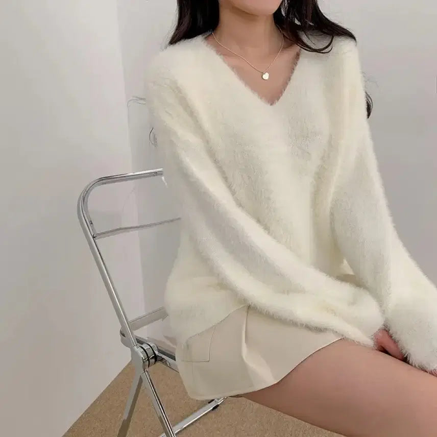 [BUNJANG] Angora Off-Shoulder V-Neck Knit / 앙고라 오프숄더 브이넥 니트