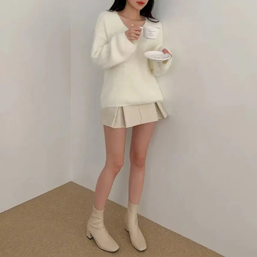 [BUNJANG] Angora Off-Shoulder V-Neck Knit / 앙고라 오프숄더 브이넥 니트